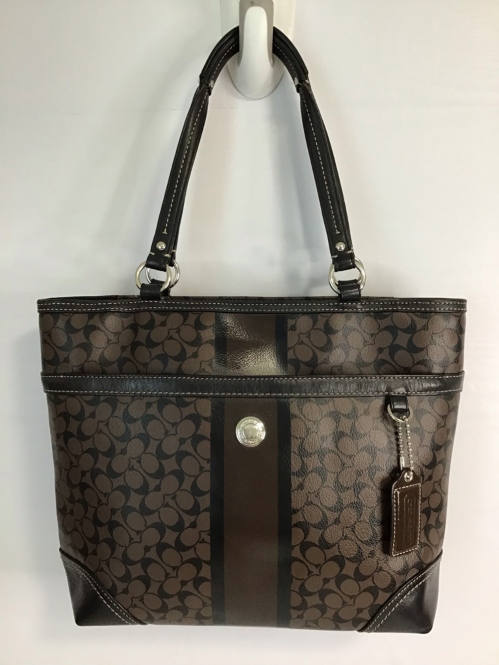 Coach Chelsea Heritage Stripe Signature Brown Coated Canvas Tote Bag Y2K